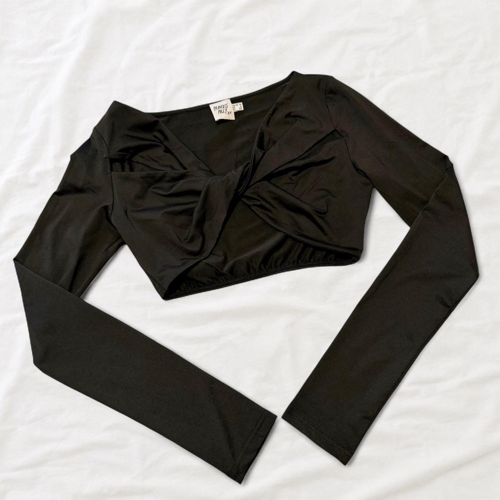Princess Polly Black Cutout Crop Top Long Sleeve Twist Front Y2K Size 6